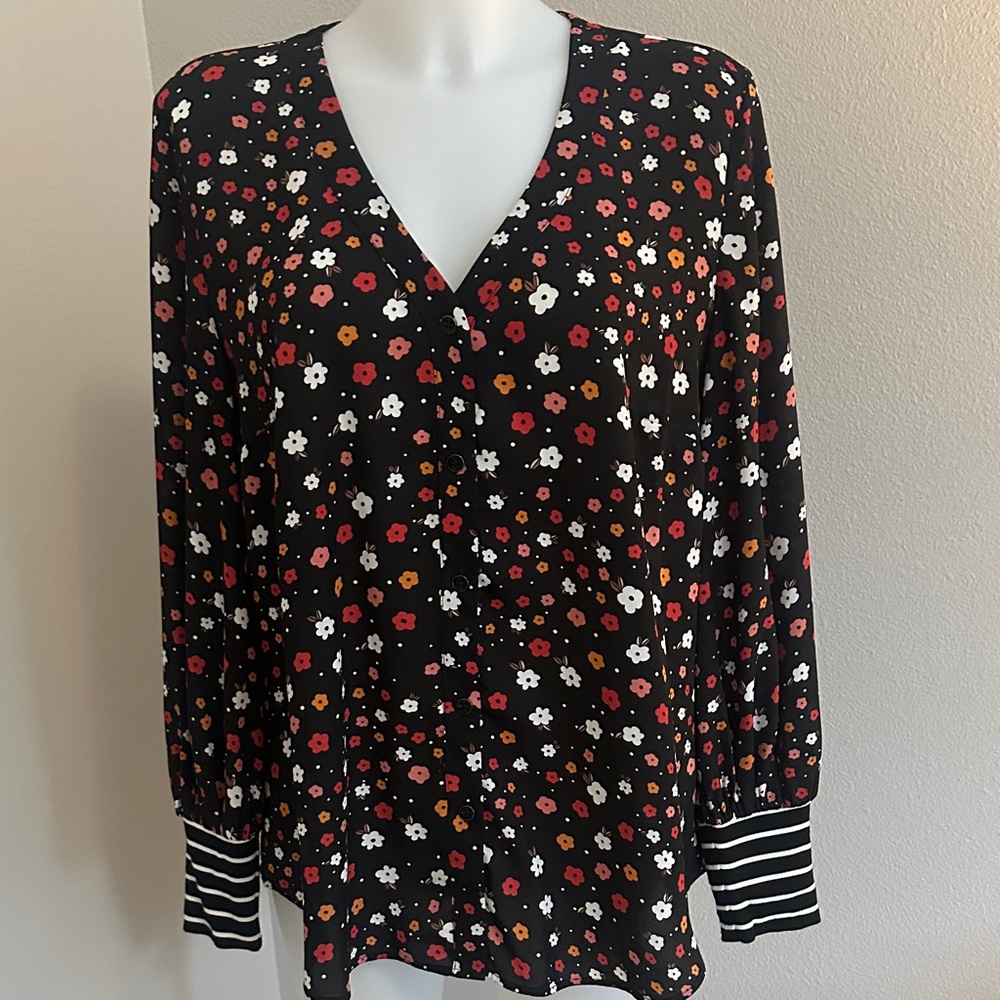 CAbi Black Floral Blouse with Striped Cuffs